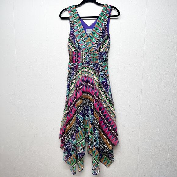 Rabbit Vintage Handkerchief Dress Womens 6 Empire Smocked Waist Artsy Festival - Picture 2 of 15